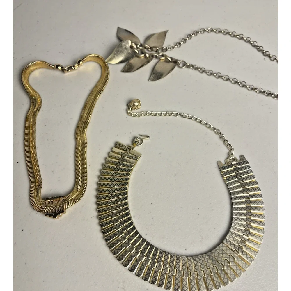 Gold Tone Snake Chain Necklace Collar Fringe Bib Leaf Vintage Estate Jewelry Lot